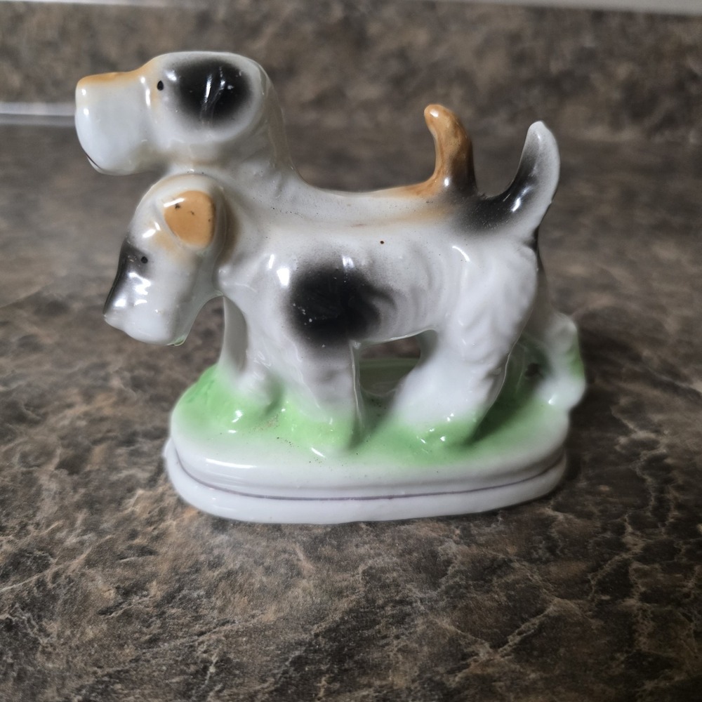 Vintage Occupied Japan Terrier Dogs Porcelain Figurine Double Puppy 1940s 3.75"